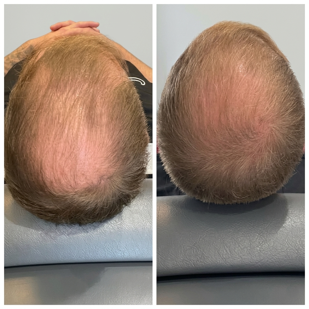 Before and after regenerative aesthetic treatment for hair restoration at MJ Aesthetics, North York, Toronto