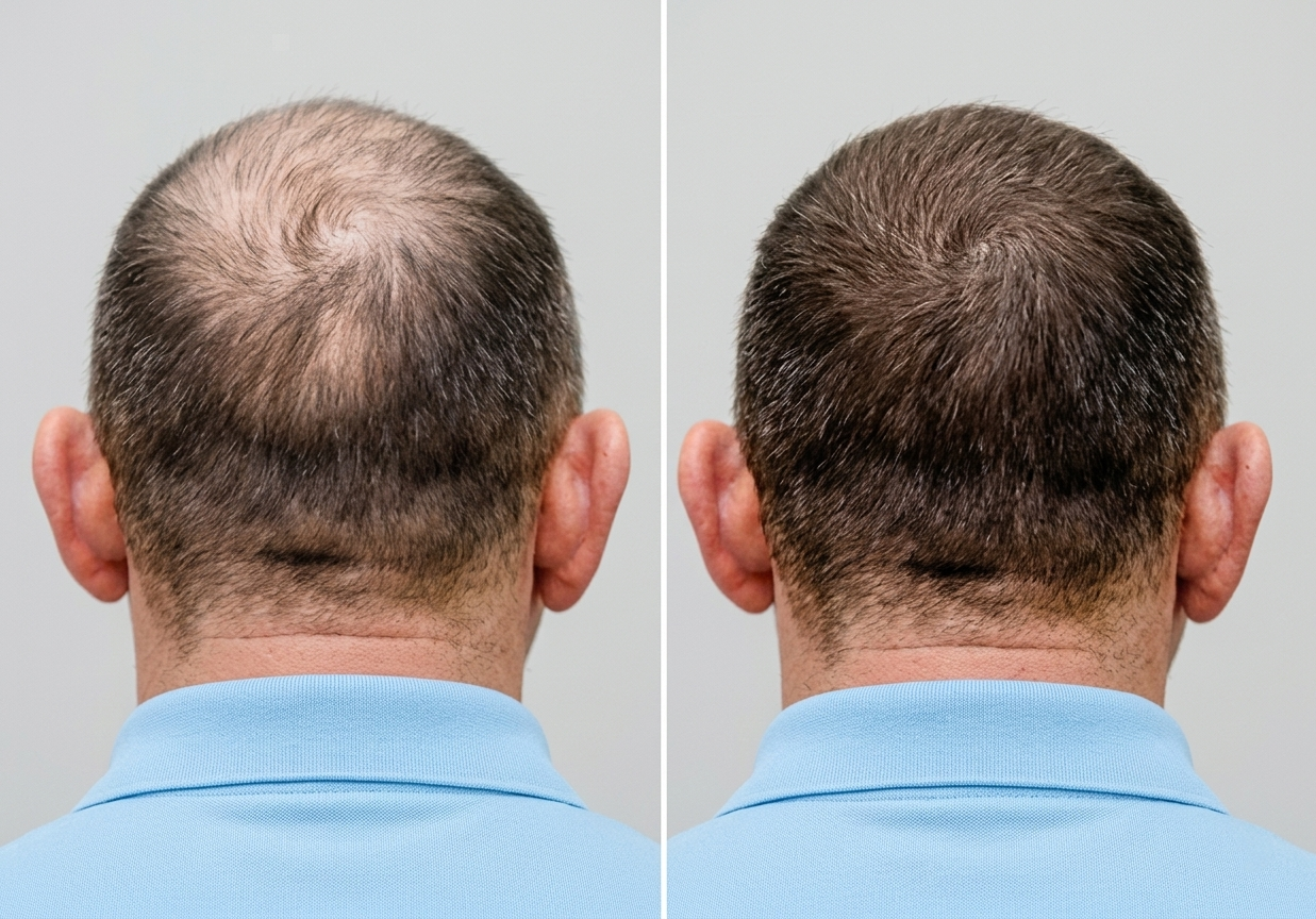 Before and after regenerative aesthetic treatment for hair restoration at MJ Aesthetics, North York, Toronto