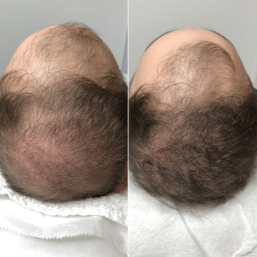 Before and after regenerative aesthetic treatment for hair restoration at MJ Aesthetics, North York, Toronto